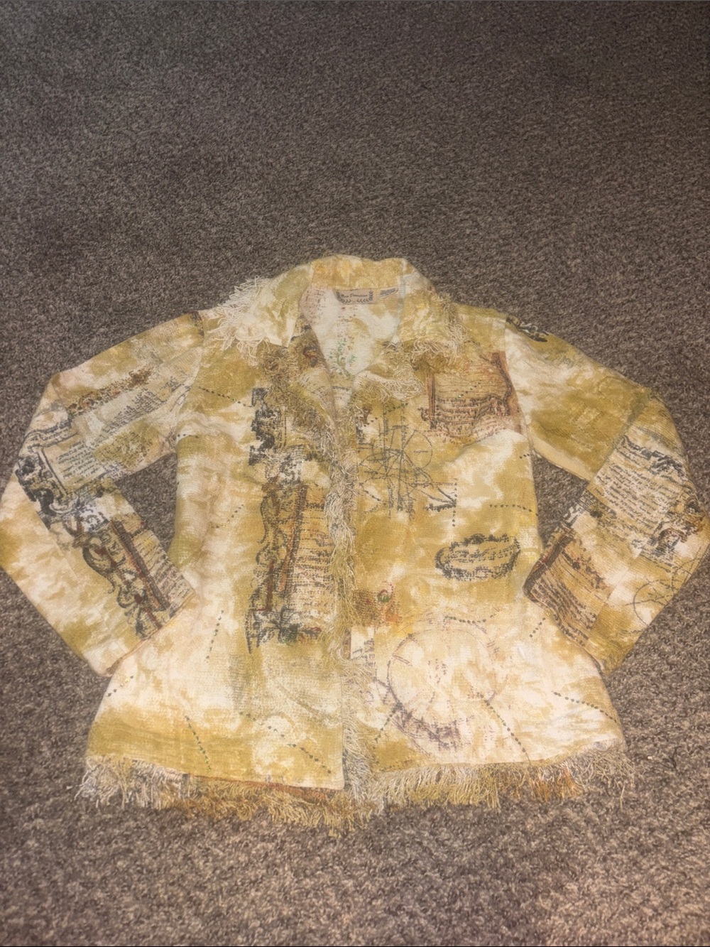 100% cotton new directions Yellow Patterned Fringed Button-Up Blouse